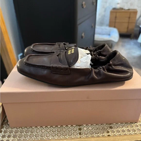 Miu Miu Rouched back Nappa Leather Brown Loafers - Picture 8 of 16